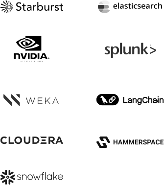 Starburst, Elasticsearch, NVIDIA, Splunk, WEKA, LangChain, Cloudera, Hammerspace and Snowflake